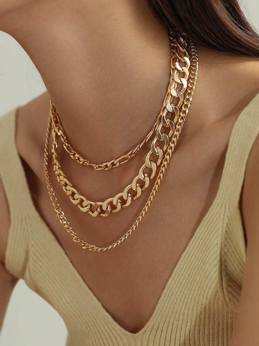 3pcs Multi-Layer Stacked Necklace Set, Hip Hop Style Suitable For Women's Daily, Party And Vacation Wear