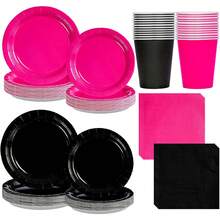 10pcs/80pcs Hot Pink And Black Birthday Decorations Hot Pink Party Plates Cups And Napkins Tableware Set Rose Red And Black Dinnerware Set For Women Birthday Bridal Shower Gender Reveal Party Supplies