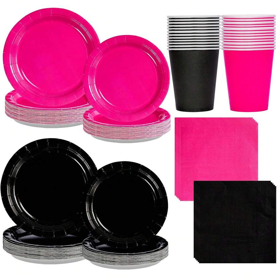 10pcs/80pcs Hot Pink And Black Birthday Decorations Hot Pink Party Plates Cups And Napkins Tableware Set Rose Red And Black Dinnerware Set For Women Birthday Bridal Shower Gender Reveal Party Supplies
