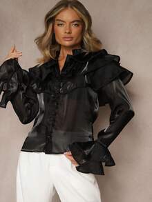 Women's Solid Color Flare Sleeve Ruffle Trim Single-Breasted Elegant Fashion Blouse - Black - View 5
