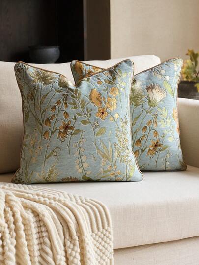 1pc Floral Chenille Jacquard Decorative Pillow Cover (No Insert), Classic Floral Chenille Jacquard Piped Cushion Cover, Suitable For Home, Sofa, Bed Decor, All Seasons