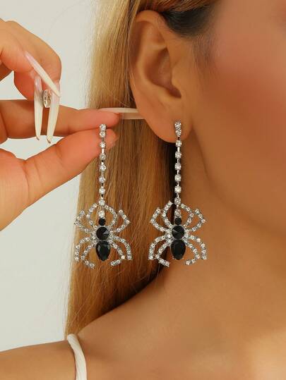 1 Pair Vintage Gothic Halloween Crystal Spider Alloy Earrings, Suitable For Women Party Wear, Unique & Quirky Earrings