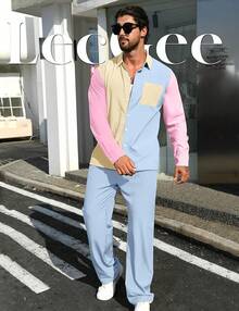 Mens 2 Piece Color Block Outfits Casual Long Sleeve Color Block Shirts And Pants Matching Set Sweatsuit-2025 - Blue - View 6