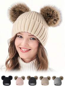 Thermal Lined Cute Winter Beanie Hats For Women Girls Warm Knit Hats With Double Faux Fur Pom Poms - A - View 2