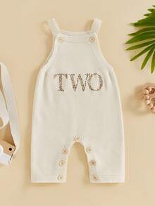 Pantalones de tirantes para bebé, pantalones de punto con letras bordadas, mono de cumpleaños para niñas y niños - Blanco - Ver 2