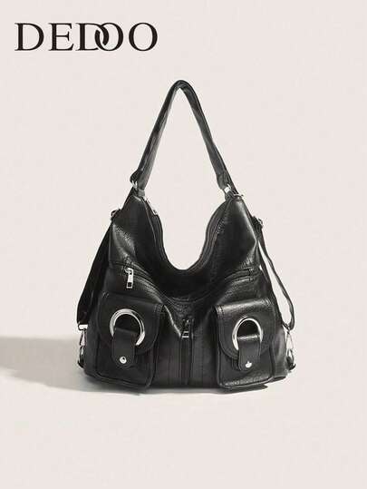 Dedoo 2025新款女士纯色大容量多功能小众腋下包，韩版时尚简约大容量摩托车包，学生旅行背包，可作单肩包使用（多功能）