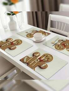 1/2/4 pezzi Tovagliette natalizie con stampa di omini di pan di zenzero | Set da 4 tovagliette, lavabili, per decorazione tavolo da cucina e da pranzo. - Multicolore - Visualizzare 3