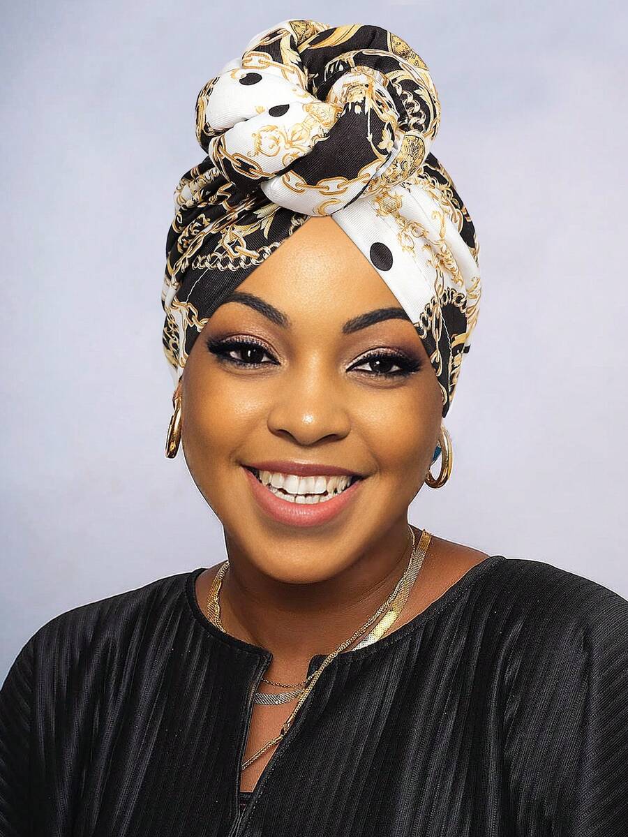 Awegeo Luxury African-Inspired Printed Turban For Women - Handwoven Forehead Bow Design Elegant Headwear For Special Occasions Sleep Bonnet - Printing 010 - View 1