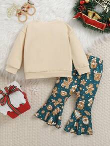 Baby Girl Christmas Gingerbread Letter Print Long Sleeve Sweatshirt And Green Snowman All-Over Print Flare Pants Set, Autumn/Winter