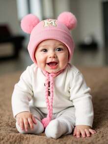 1pc Baby Letter Knit Hat, Soft, Warm And Comfortable, Suitable For Boys And Girls Outdoor Wear In Autumn And Winter - Pink - View 2