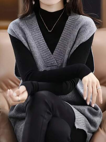 新款时尚优雅V领针织背心毛衣，适合工作和休闲穿着
