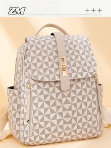 Mochila de gran capacidad con patrón de rombos para mujer, bolso de viaje con diseño de solapa, mochila escolar, bolso de mamá