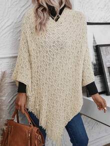 1pc Solid Color Hollow Out Bat Wing Tasseled Knit Poncho For Dress