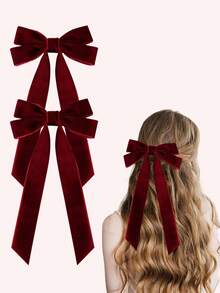 2 piezas Lazos de terciopelo para el cabello de niñas color borgoña, Clips de cabello de terciopelo, Sujetadores de cola de caballo, Accesorios para el cabello fino para adolescentes, Accesorios para el cabello para fiesta de graduación y cumpleaños - Multicolor - Ver 1