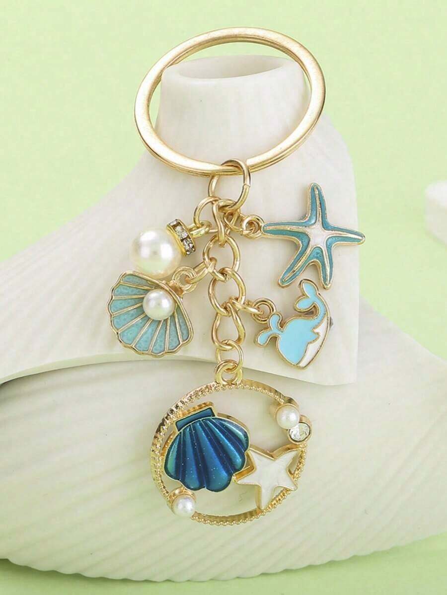 1pc Unisex Ocean Life Key Chain Sea Star Shell Pearl & Dolphin Pendant Charm Beach Style Gift NKOX - Xanh 2 - Xem 1