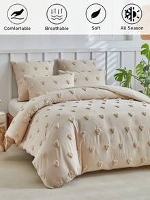 2/3pcs Khaki Heart Pattern Tufted Textured Polyester Duvet Cover Set, Cute Modern Bedding Set For All Seasons, Boho Comforter Cover, Soft, Breathable, Machine Washable, (1 Duvet Cover + 1/2 Pillowcases) - Khaki - View 2