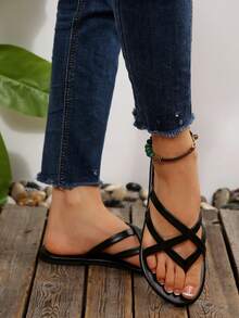 女士人字拖凉鞋，圆头平底人字拖，室内外休闲装 - 黑色 - 查看 5