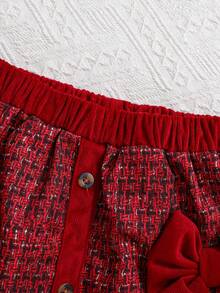 女童秋冬两件套服装：长袖格子夹克 + 裙子 - 紅色 - 查看 6