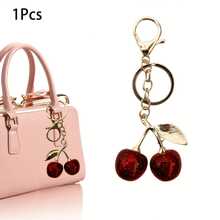 Single Gold Cherry Keychain - Gold Metal Ring, Round Aluminum Alloy Chain, Suitable For Women's Handbags, Fashion Accessories, Cherry Blossom Decoration - 紅櫻桃 - 查看 5