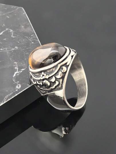 خاتم رجالي من الفولاذ المقاوم للصدأ 316 منقوش بطراز قديم، حزام واسع من حجر اصطناعي بطراز بانك، مجوهرات يومية