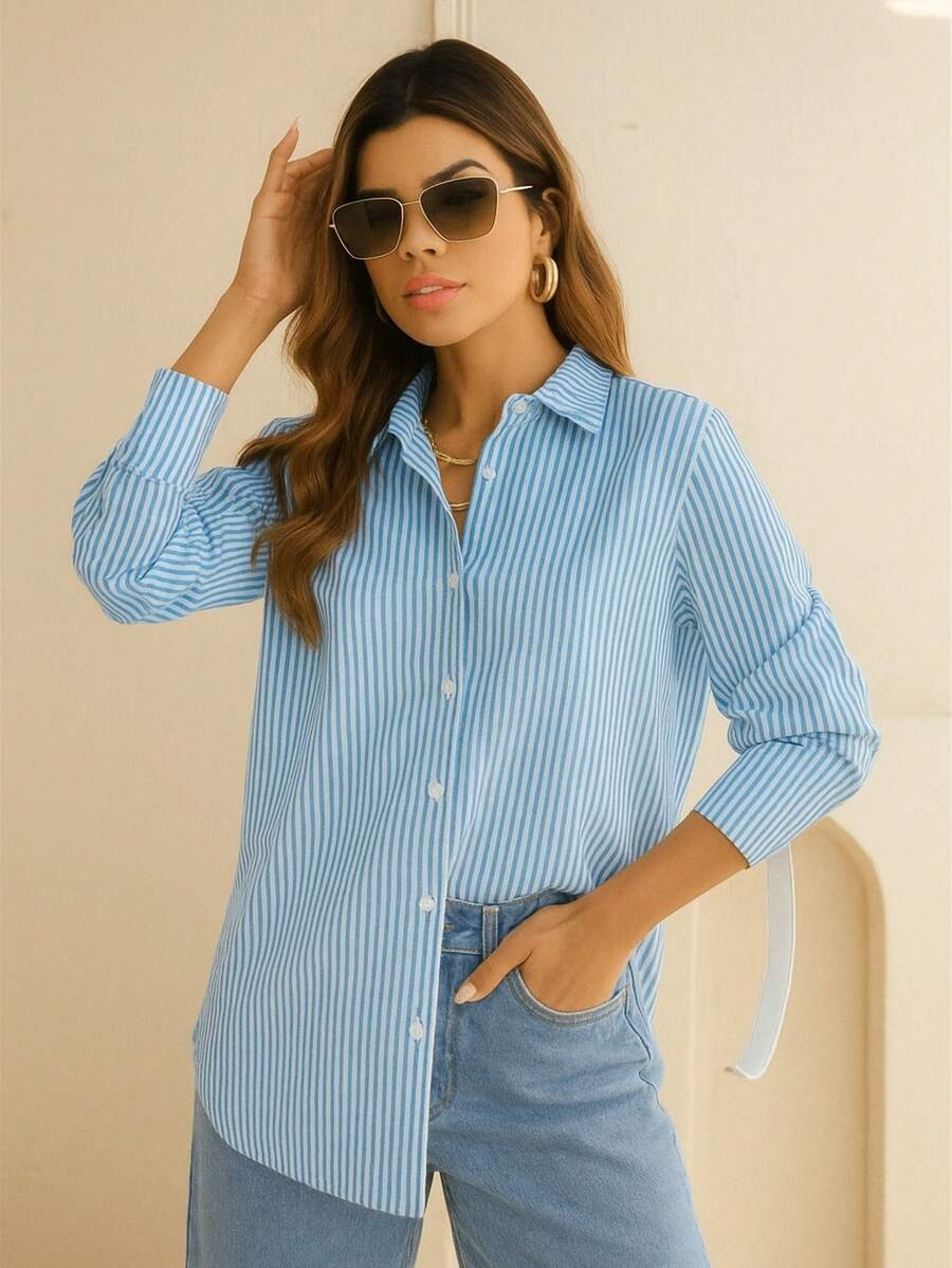 Women's Long Sleeve Striped Shirt With Loose Buttons In Premium Crepe Fabric Without Pockets  Casual Elegant MODERN PARTY 2026