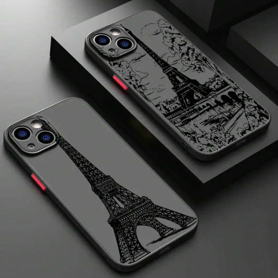 Funda de Teléfono de Ilustración de Torre de Arte de Lujo para Apple 8 X XS XR SE 11 12 13 14 15 16 Pro Plus 2020 2022, Funda Transparente Mate de TPU de Cobertura Completa, Funda Protectora Negra Suave - Colores mixtos - Ver 1