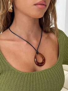 1pc Water Drop Shaped Acrylic Pendant With Leather Cord Necklace - 棕色 - 查看 3