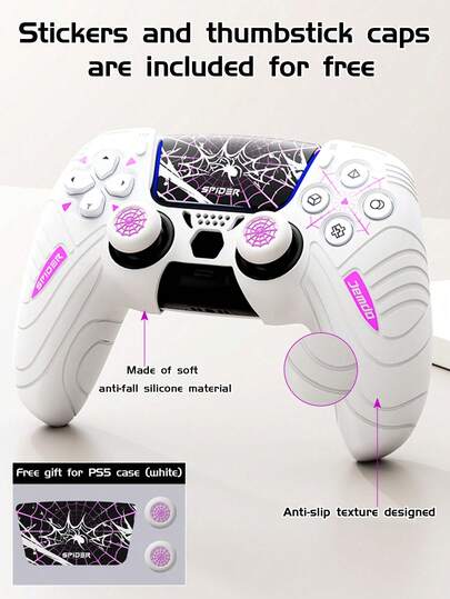 3pcs/Set, Gaming Controller Accessories, 1pc White Spider PlayStation5 Controller Protective Case + 1 Pair Spider Joystick Caps, Suitable For PlayStation5 Gamepad Protection, Anti-Slip, Anti-Sweat, Anti-Dust, Anti-Scratch, Enhance Grip, Improve Gaming Experience, Valentine's Day/Spring Romantic Gift