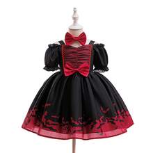 Vestito di Ognissanti per bambina, abito da principessa con motivo a pipistrelli nero e rosso con fiocco, outfit per feste e performance