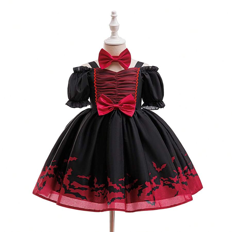 Vestito di Ognissanti per bambina, abito da principessa con motivo a pipistrelli nero e rosso con fiocco, outfit per feste e performance