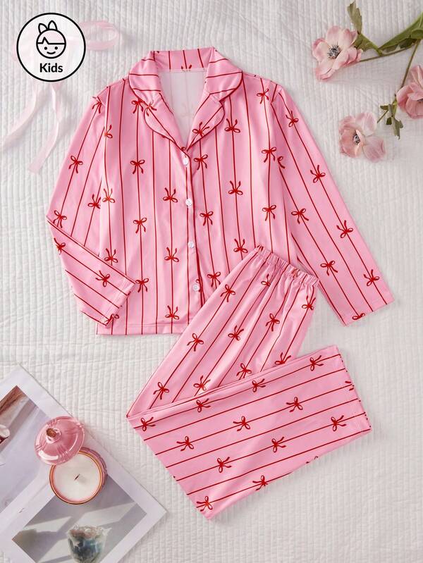 Conjunto de blusa de manga comprida com estampa de laço para meninas adolescentes e calças casuais, pijama para relaxar, conjunto de pijama casual de 2 peças