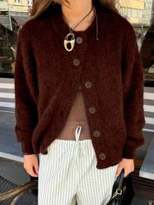 Senya Women's New Autumn/Winter Curry Color Plush Round Neck Front Open Knit Cardigan, Loose Comfortable Warm Sweater Cardigan, Long Sleeve Commuter Top - Coffee Brown - View 2