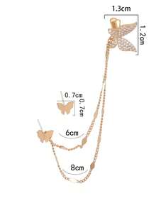 3pcs/Set Copper Butterfly Inlaid Cubic Zirconia Tassel Left Ear Cuff Earrings Set, Suitable For Women's Daily, Party, And Holiday Occasions