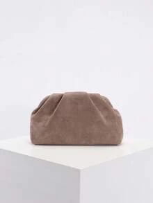 高品质复古风格棕色麂皮手拿包，玛琳风格女士麂皮手拿包，欧美时尚褶皱简约女士手拿包，配链条肩带 - 棕色 - 查看 12