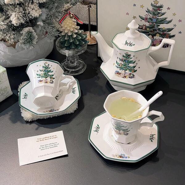 1 Piece/2 Set, 200ml Ceramic Christmas Tree Bear Cup And Saucer, 1L Ceramic British Octagonal Shaped Teapot, Microwave , Dishwasher , Sterilizer , Refrigerator , Suitable For Afternoon Tea, Family Party, Gathering, Christmas Decoration, Creative Birthday Gift, Christmas, Thanksgiving Day, Father's Day, Mother's Day, Valentine's Day Gift.