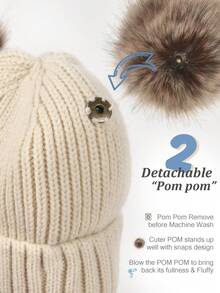 Thermal Lined Cute Winter Beanie Hats For Women Girls Warm Knit Hats With Double Faux Fur Pom Poms - A - View 5