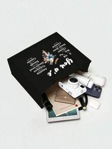 黑色亚麻手提包，带拉链口袋，饰有十字架、蝴蝶、花卉和字母图案，女士手提包，生日、派对、节日礼物，基督教主题手提包和化妆包套装，字母设计购物袋，适合婚礼、生日和其他场合，送给家人和朋友的最佳礼物，男女通用，情侣款，日常使用 - 彩色 - 查看 7