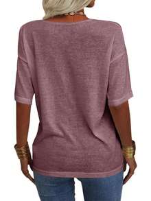 Women's 3/4 Sleeve Shirts V Neck Loose Fitting Tops Casual Solid Color Tshirts  Basic Tunic Summer Ladies Tops - 酒紅色 - 查看 3