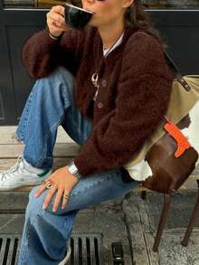Senya Women's New Autumn/Winter Curry Color Plush Round Neck Front Open Knit Cardigan, Loose Comfortable Warm Sweater Cardigan, Long Sleeve Commuter Top - Coffee Brown - View 3