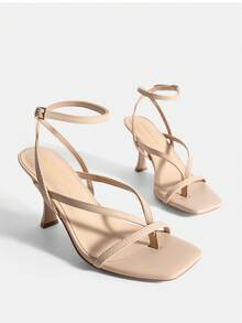 Women Minimalist Kitten Low Heel Thong Heeled Sandals, Fashion Square Toe Ankle Strap Heeled Sandals For Wedding Party Casual Wearing Dressy Occasions - 裸色/PU - 查看 6