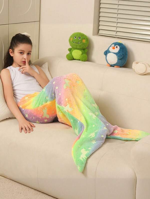 1pc Mermaid Starry Night Glow Sleeping Bag Flannel Glowing Blanket Rainbow Mermaid Soft Comfortable Plush Unicorn Sleep Sack