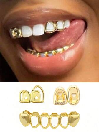 3Pcs 14k Copper Hollow Heart Cutout Clip-On Tooth Jewelry, Y2K Grillz Valentines Halloween Decor Grills For Teeth Women