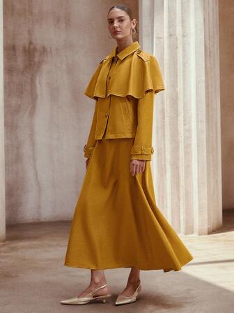 Simplee Conjunto feminino de primavera, novo, em cor sólida, composto por jaqueta de manga comprida e saia, 2 peças, elegante para o dia a dia.