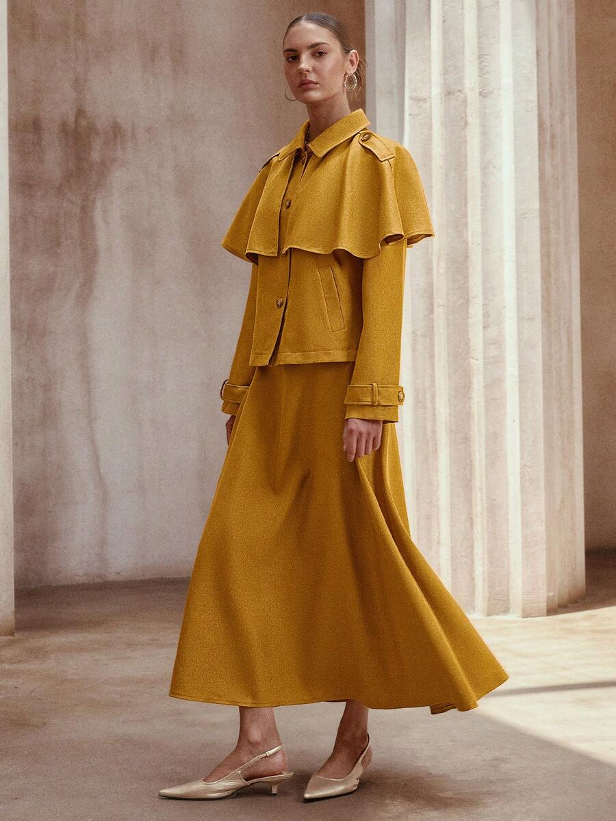 Simplee Women's Spring New Solid Color Cloak Shawl Long Sleeve Jacket Top And Skirt 2-Piece Set, Fashionable For Commuting