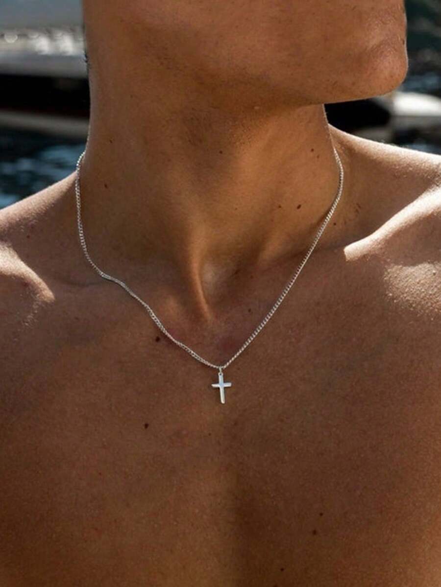 Men Stylish Minimalist Cross Pendant Necklace Perfect Gift For Boyfriend Accessories Durable Stainless Steel Chain Fashion Statement Gift For Him