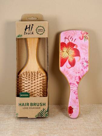 1 Pc Personalised Lily Flower Large Square Air Cushion Comb With Box, Bamboo Paddle Hair Brush With Handle, Natural Bamboo Comb Paddle Detangling Hairbrush, Suit For Women Men ,Portable Detangling Haircomb For Massaging Scalp,Thin/Curly/Dry Hair,Mother Day Gift Friend Gift Grandma Gift Girl Bridesmaid Gift Mom Famliy Gift Hairbrush ,Salon Hair Care,Halloween Presents, Christmas Gifts