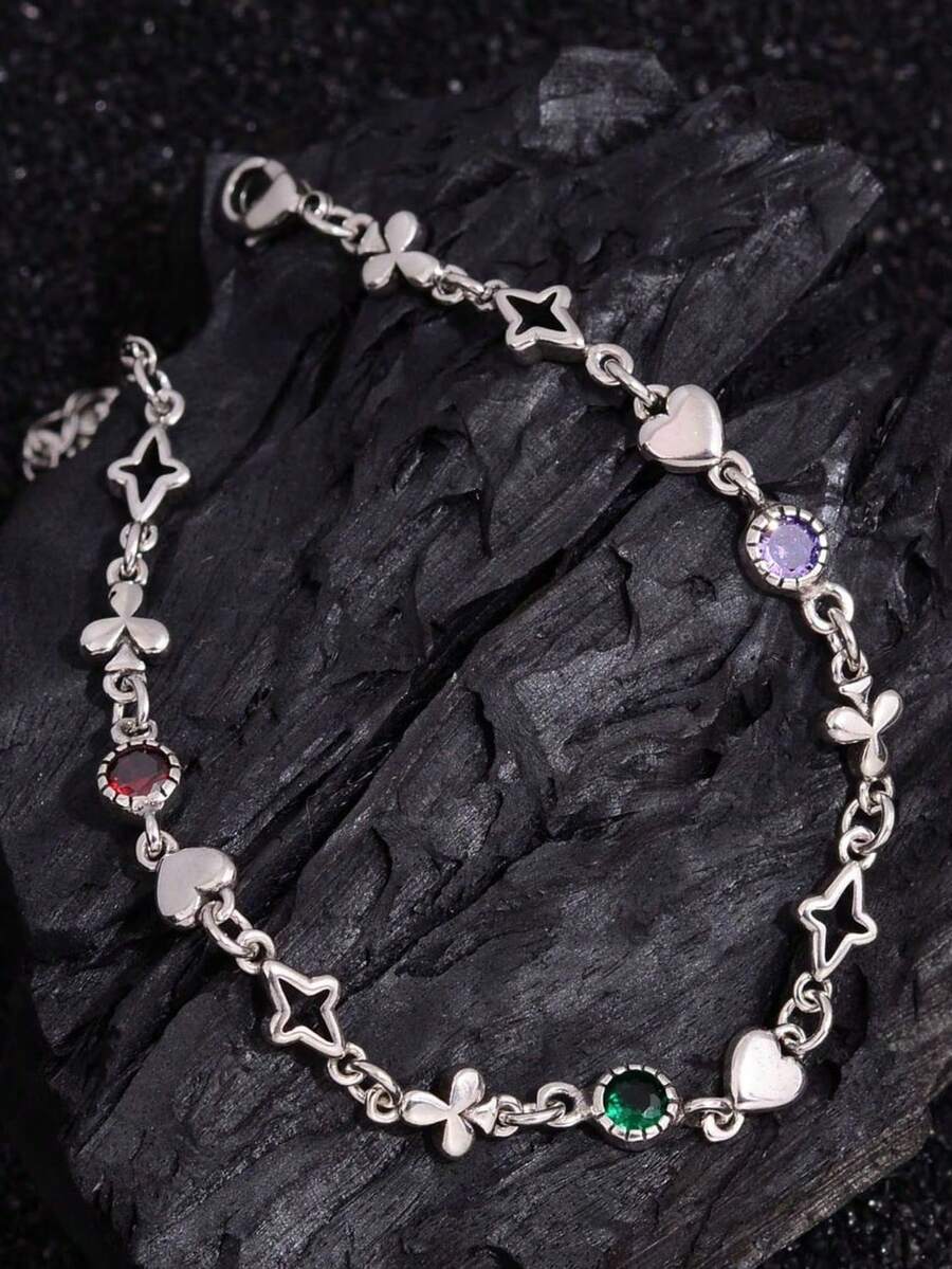 1 buc brățară vintage colorată cu zirconiu, tip cruce, potrivită pentru purtarea zilnică a femeilor - Brățară cu inimă - Vizualizare 1