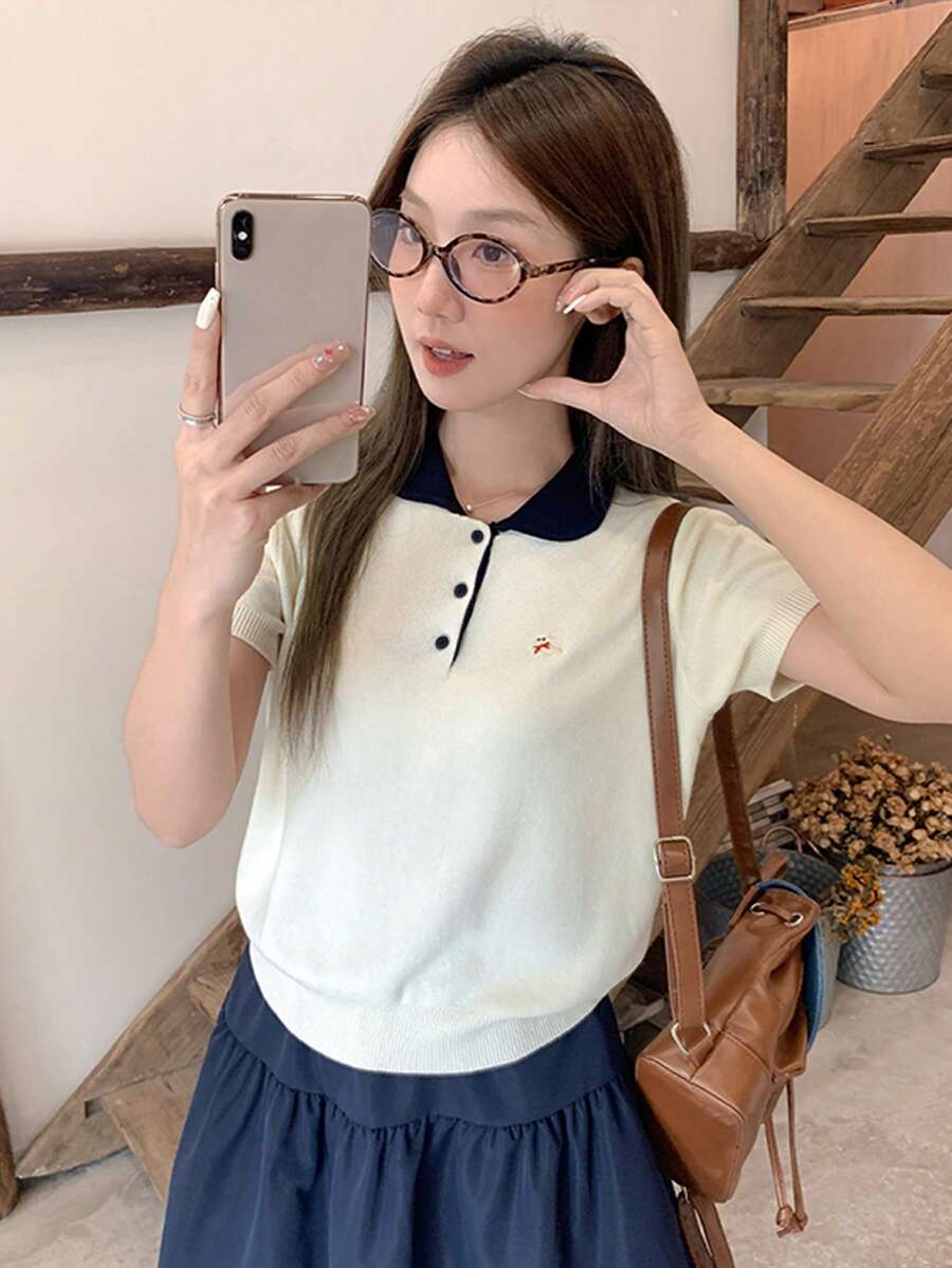 女款拼色動物印花前開鈕扣針織短版上衣,夏季白色 - 白色 - 查看 1