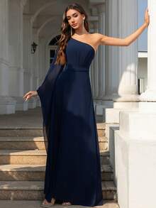 Volly Toych 海军蓝秋季优雅 A 字型单肩超长袖及地雪纺礼服正式伴娘礼服、婚礼宾客礼服、新娘母亲礼服，适合婚礼活动、晚会、派对和舞会，秋季长款女士服装 - 藏蓝色 - 查看 6