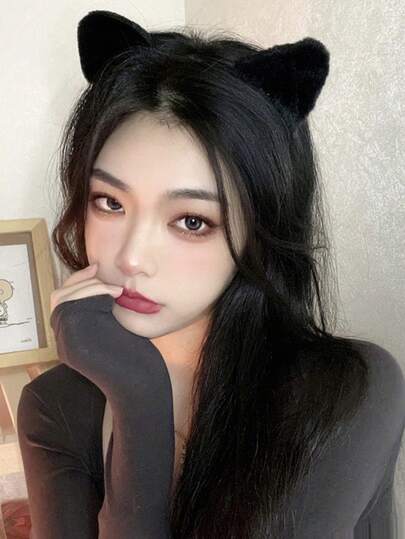 1pc Black Cartoon Plush Cat Ear Headband, Animal Ear Headband For Halloween Party, Holiday Headband (Due To Craftsmanship, Some Products May Have Adhesive Residue That Can Be Self-Cleaned)